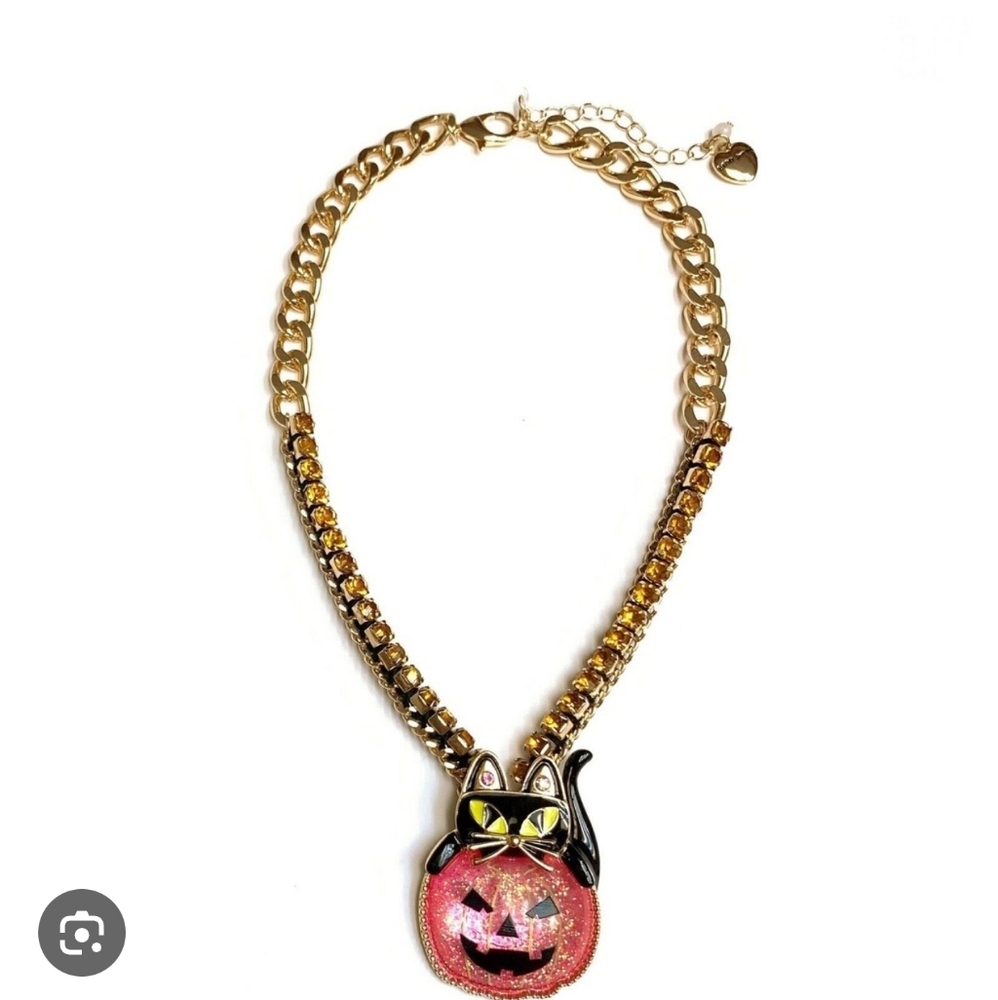 Betsey Johnson Halloween Black Cat Pink Pumpkin Rhinestone Statement Necklace NW